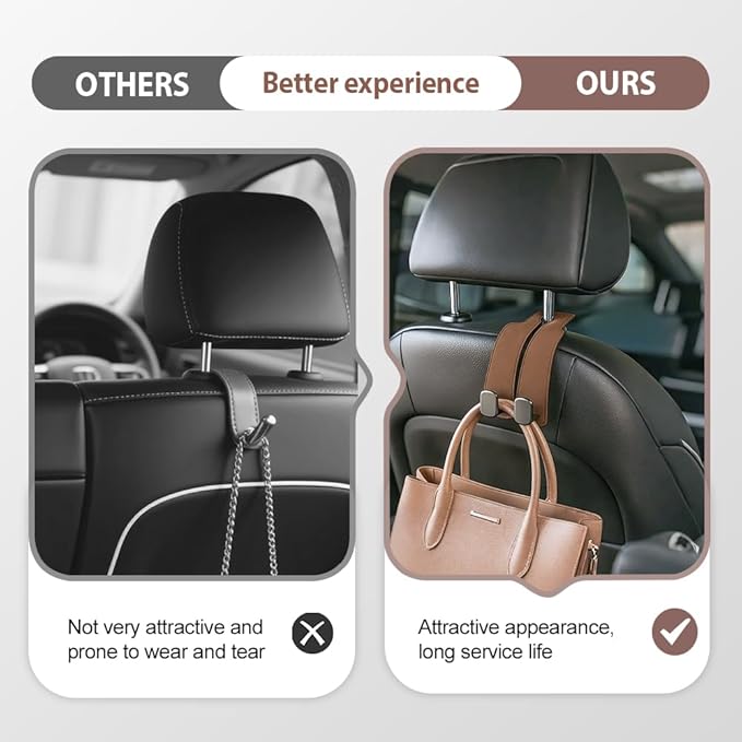 Car Seat Back Storage Hook, 2026 New Two Hook Fur Leather Seat Back Headrest Hanger Genuine Leather Double Metal Hook for Backseat Organizer, Car Organization Accessories (4, Gray)