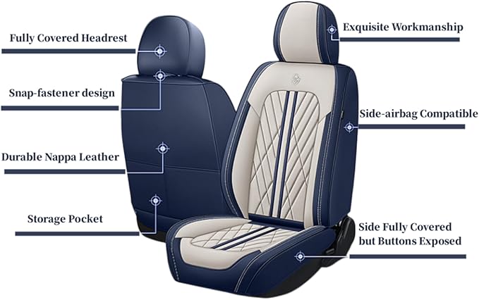 Premium Nappa Leatherette Car Seat Cover Set Custom Fit for Honda CR-V CRV 2000-2023 2024 2025 2026 Water-Proof Breathable Faux Leather Seat Cushion Protectors (Front 2 Seats,Black Cyan)
