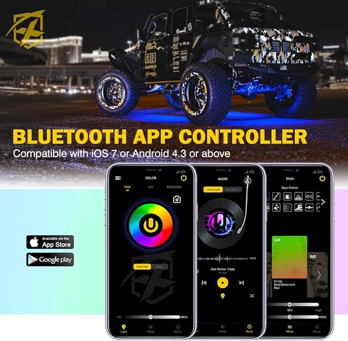 Xprite RGBW LED Rock Lights Kit with Bluetooth & Wireless Remote Controller, Multicolor Cars Underglow, Wheel, Footwell Neon Light Kits, for Off-Road UTV ATV Trucks SUV Motorcycle Boats - 6 Pods