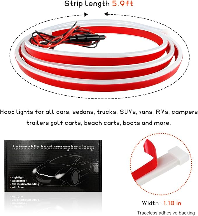 Car Hood Light Strip, 71 Inches Flexible DRL Dynamic Scan Start up Hoodbeam Kit, Waterproof 12V LED Headlight Strips Engine Cover Decoration, Exterior Car Accessories