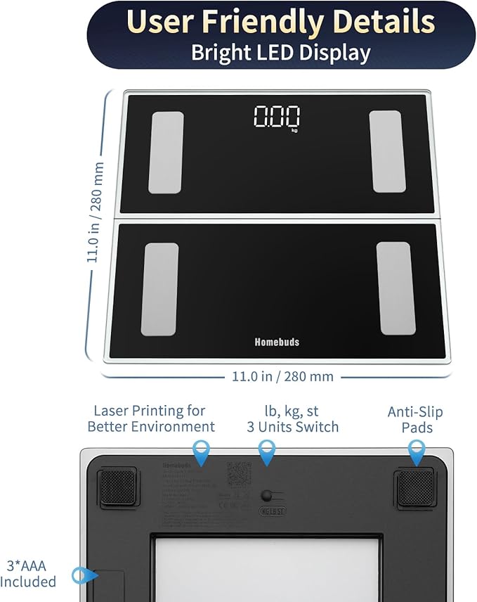 Homebuds Smart Bathroom Scale for Body Weight, High Precision in 0.1lb Assured by Weight Scale Professional Factory SINCE 2001, App Sync 13 Body Composition Including BMI and Body Fat, 400lb LED Black