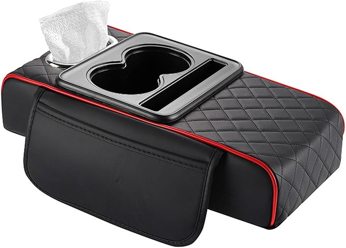 Car Armrest Cushion for Toyota Crown Majesta VI 2009-2015 2016 2017 2018, Car Center Console Cover Armrest Pad with Cup Holder and Tissue Box, Car Accessories,Black-Red