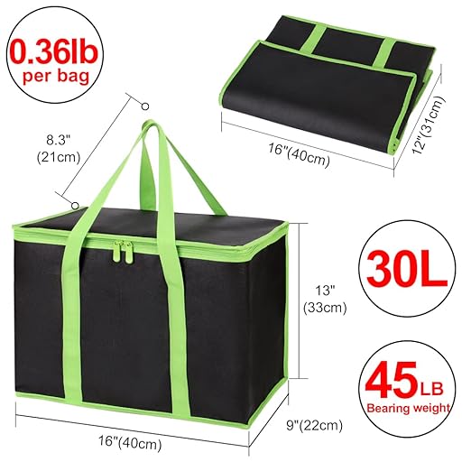 CIVJET 2-Pack Insulated Reusable Grocery Bags, X-Large Insulated Food Delivery Bag for Delivery Drivers, Commercial Food Warmer for Shopping, Tote Cooler Bags, Black with Green Edge