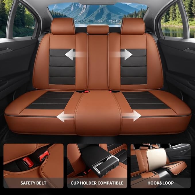 Car Seat Covers Full Set Custom Fit for Ford Focus 2000-2018-Luxury Leather with Lumbar Support, Breathable, Waterproof, Anti-Slip, Durable, Easy to Install (BlackBrown,Full Set)