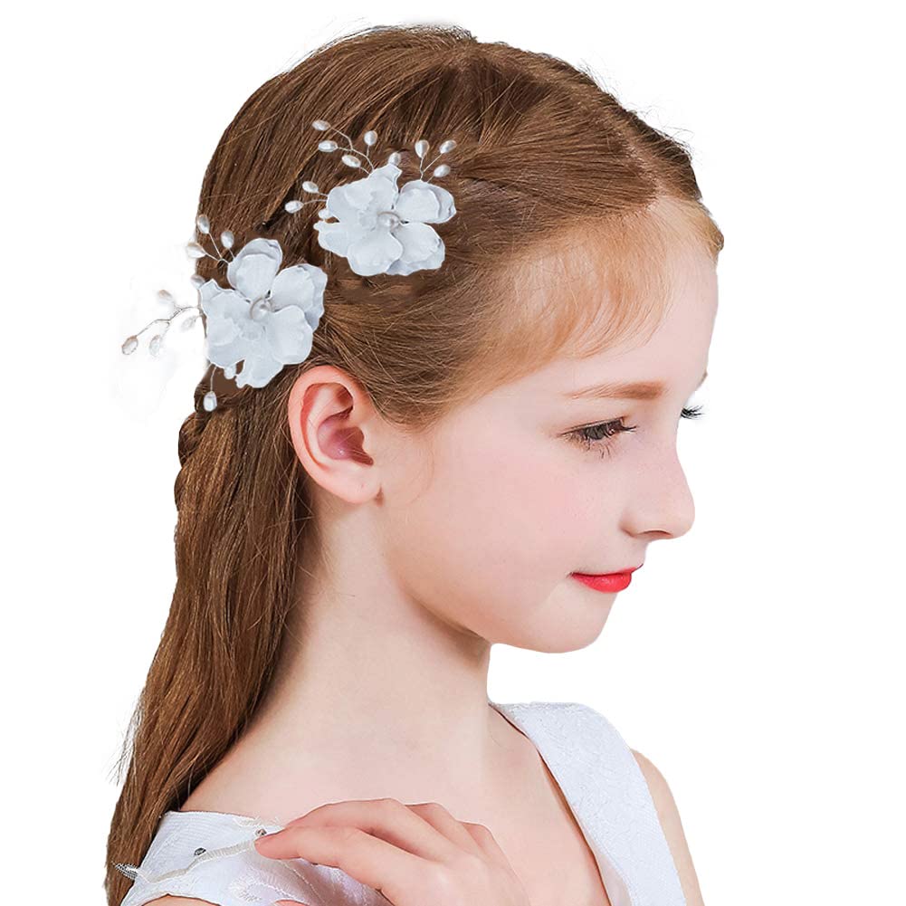 Prdgirl 2Pcs Flower Girls Hair Accessories White Floral Wedding Hair Pins Headpiece For Women Bridal Bridesmaids