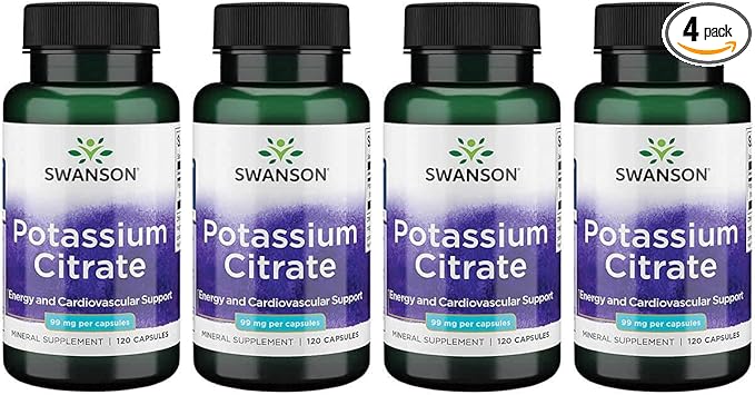 Swanson Potassium Citrate - Mineral Supplement Promoting Heart Health & Energy Support - Aids Optimal Nerve & Kidney Function with Natural Ingredients - (120 Capsules, 99mg Each) (4 Pack)