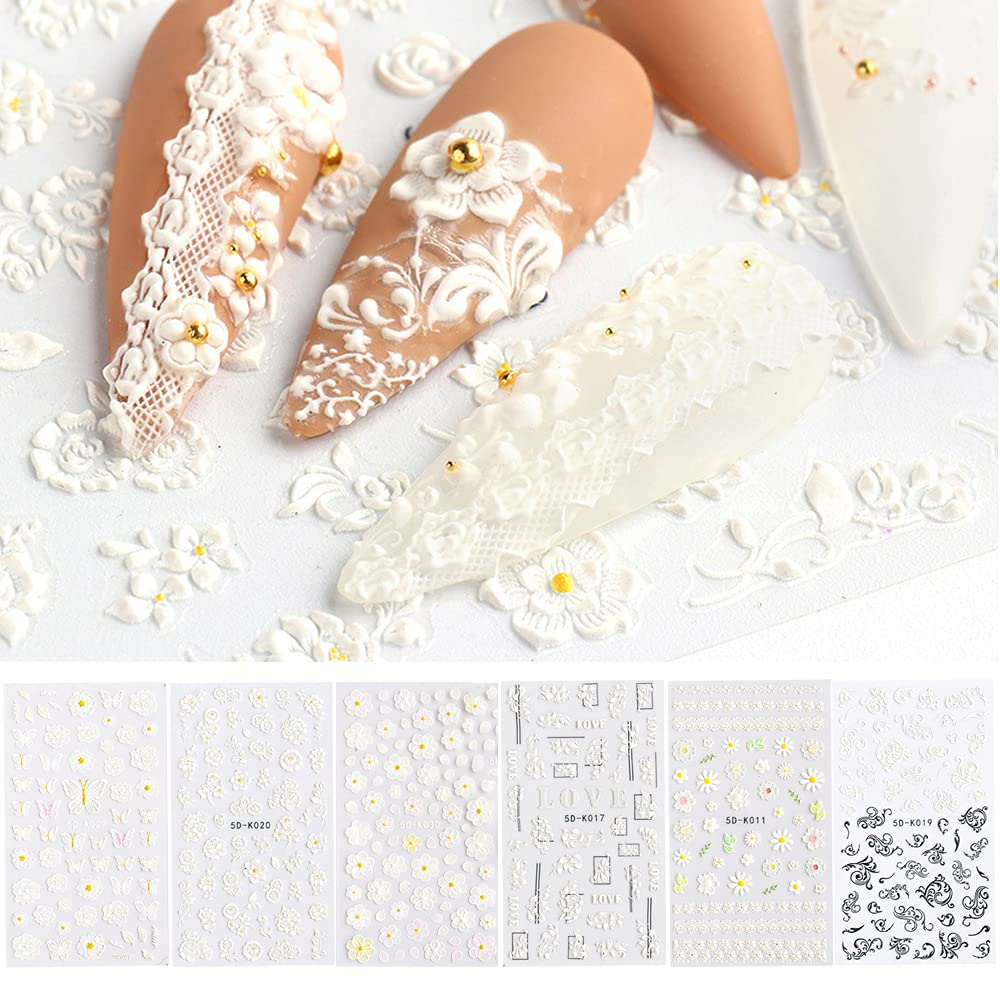 Liuli 5D Flowers For Nails Art Stickers Embossed Lace Butterfly Stereoscopic Engraved Pattern Adhesive Nail Decals For Spring Su