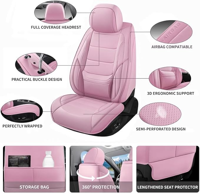 Car Seat Covers Full Set Custom Fit for Saturn Aura 2006-2009 - Premium Leather with Lumbar Support, Breathable, Anti-Slip & Excellent Seating Experience (Pink, Full Set)