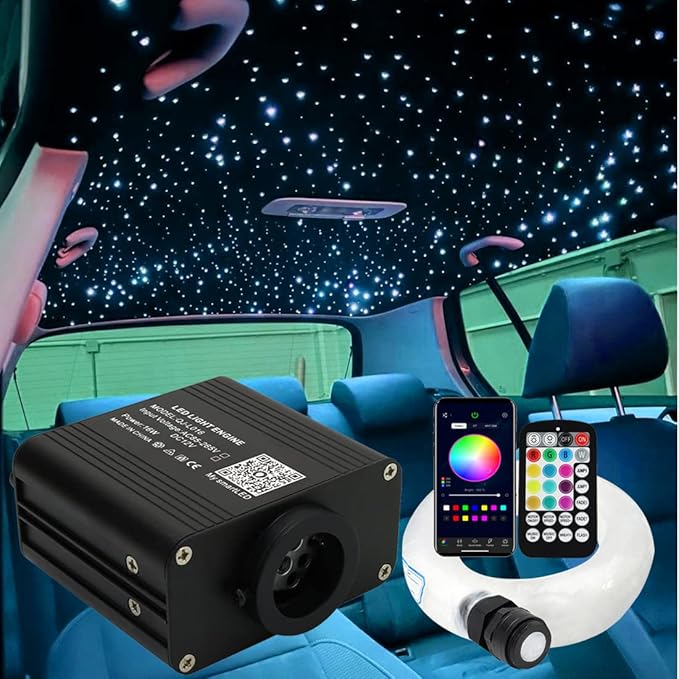 AZIMOM 16W Twinkle & Sound Activate 600pcs*0.03in*9.8ft Fiber Optic Starlight Headliner Kits for Car Home Star Ceiling Sky Decoration, APP& Remote Control Light Engine End Glow Fiber
