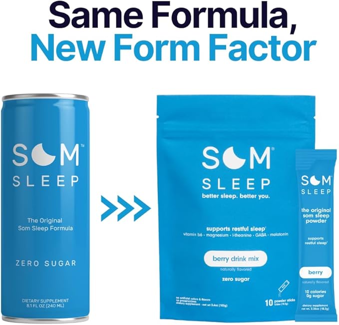 Som Sleep, Calm Sleep Powder Drink Mix, 3mg Melatonin, Magnesium, Vitamin B6, L-Theanine & GABA – Vegan, Keto Friendly – Zero Sugar Berry, 30-Pack