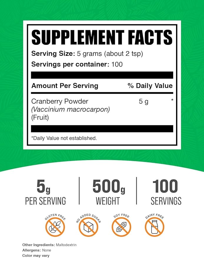 BulkSupplements.com Cranberry Powder - Cranberry Supplements for Women & Men, Dried Cranberries Unsweetened - Gluten Free & Sugar Free, 5g per Serving, 500g (1.1 lbs) (Pack of 1)