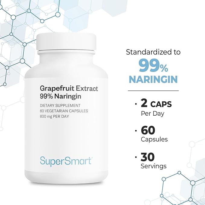 Supersmart - Grapefruit Extract 600mg per Day (99% Naringin) - High Potency GSE Supplement | Non-GMO & Gluten Free - 60 Vegetarian Capsules