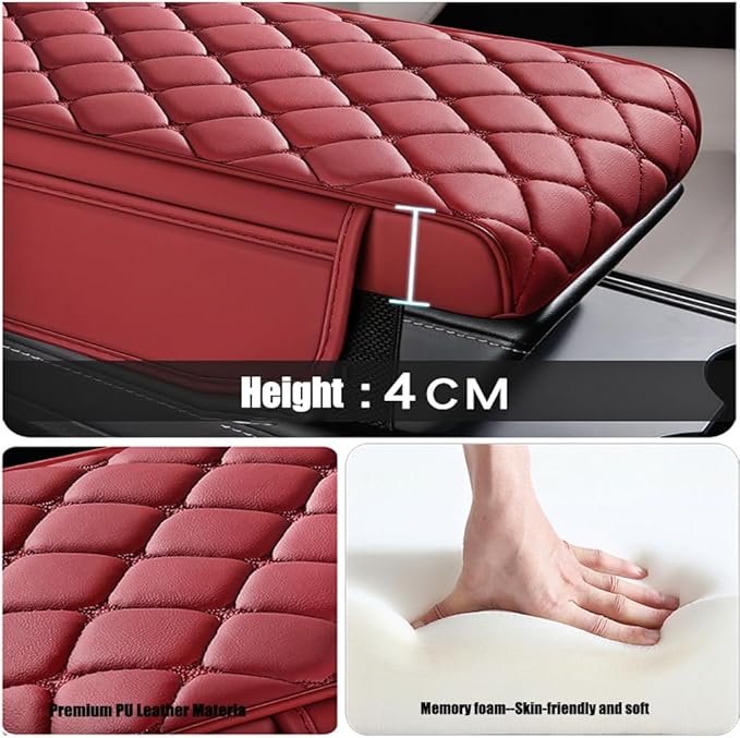 Universal Memory Cotton Car Armrest Box Pad, 2026 New Leather Car Armrest Box Pad with 2 Storage Bags, Auto Armrest Seat Box Cover, Center Console Cover Cushion for SUV, Car, Truck (Red)