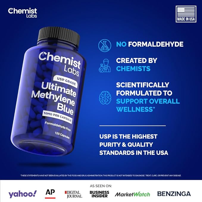 Methylene Blue Capsules – 99% USP Grade – High-Purity Antioxidant Supplement – Supports Mitochondrial Function, Cellular Energy & Mental Clarity – 120 Veggie Caps – Made in USA ml