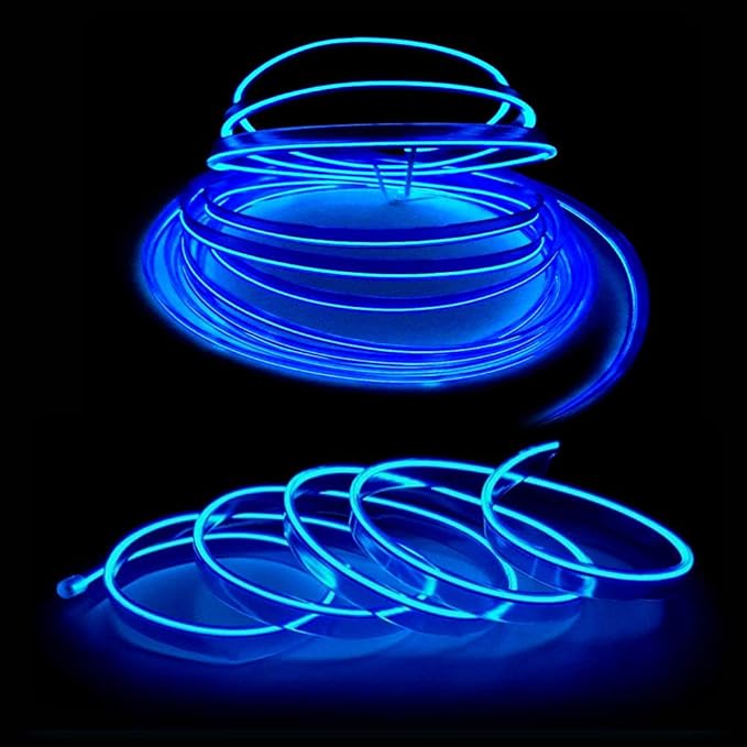 MaxLax El Wire Blue Interior Car LED Strip Lights, 10m neon Wire 12V with Fuse Protection for Automotive Car Interior Decoration with 6mm Sewing Edge