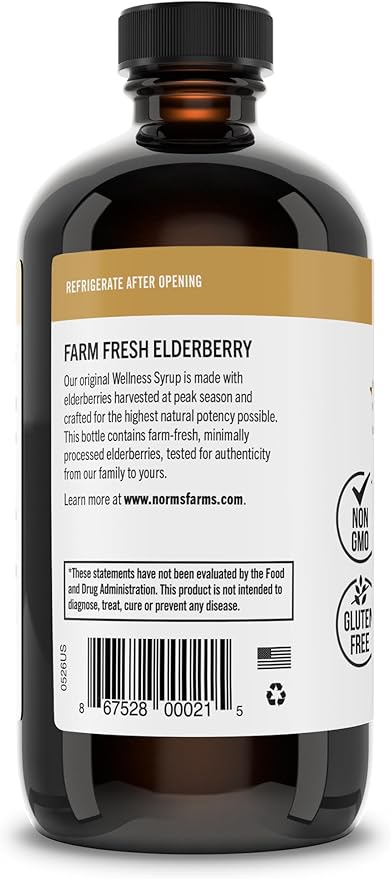 Norm's Farms Black Elderberry Wellness Syrup + Honey, Cinnamon, & Cloves - Natural Immune Support - Kosher, Gluten Free, Non-GMO - 8 Oz. Bottle