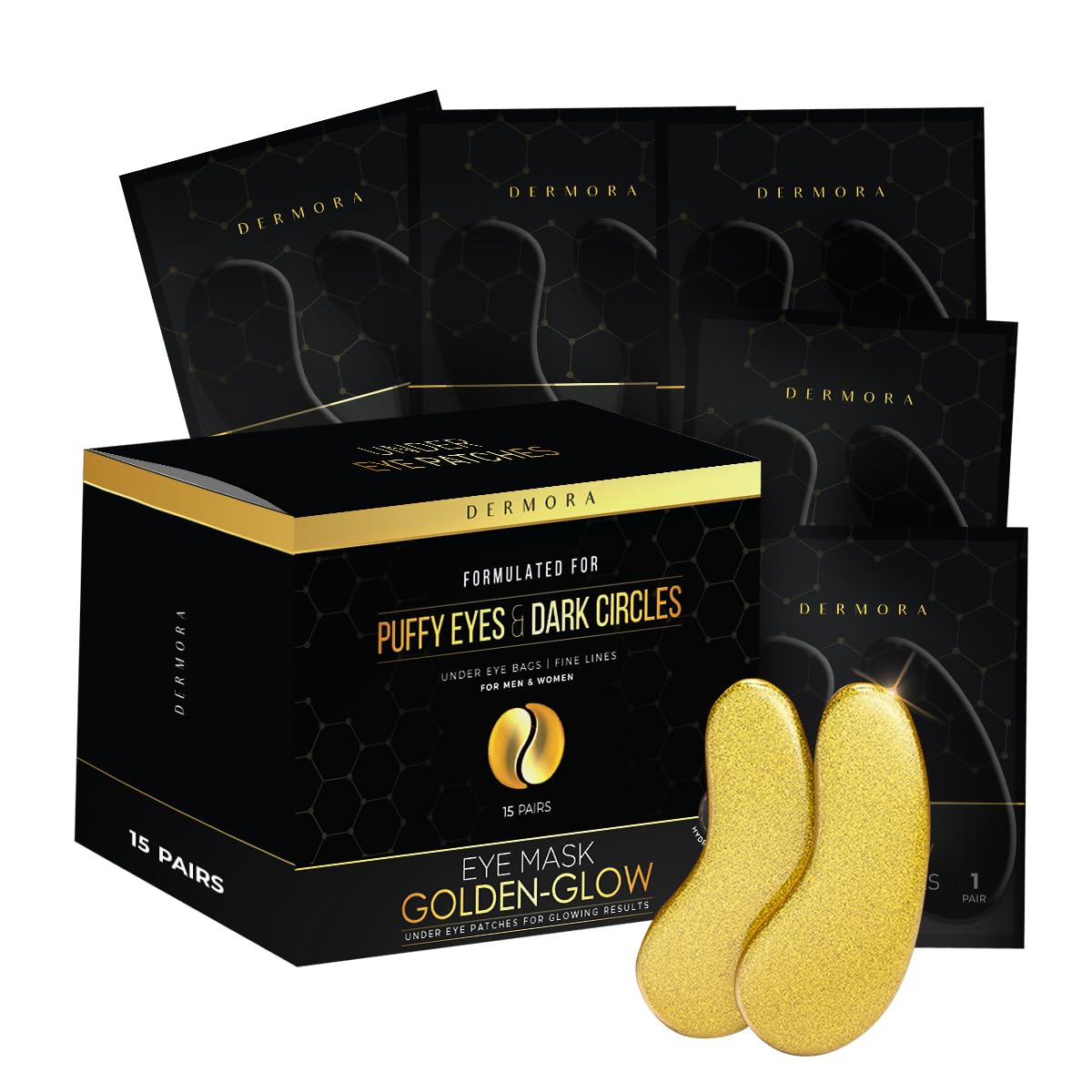 DERMORA Golden Glow Under Eye Patches (15 Pairs Eye Gels) - Rejuvenating Treatment for Dark Circles, Puffy Eyes, Refreshing, Rev