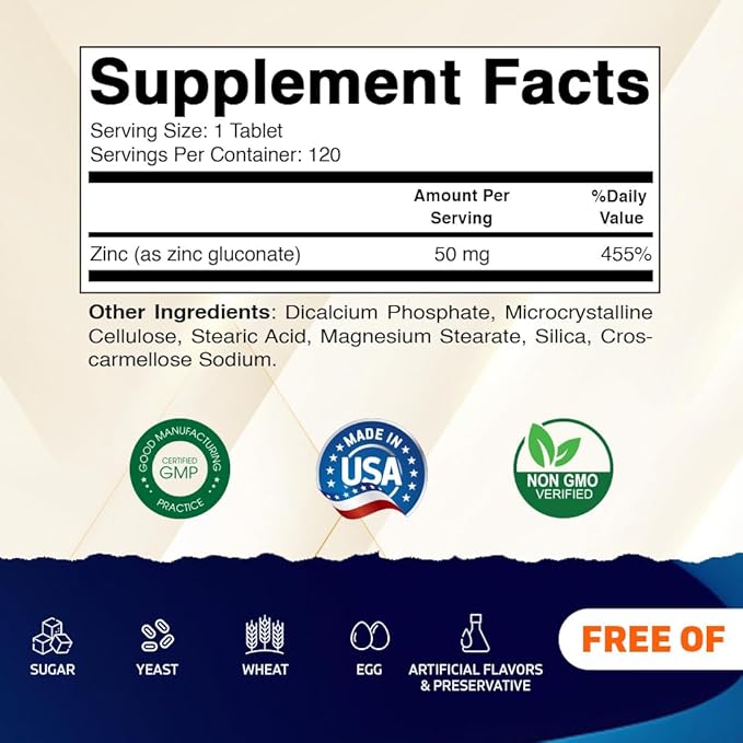 Vitamatic Zinc 50mg as Zinc Gluconate - Immunity Boosting Supplement 120 Tablets
