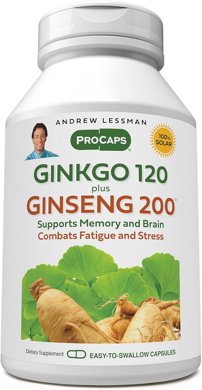 ANDREW LESSMAN Ginkgo 120 Plus Ginseng 200mg - 360 Capsules - Standardized Extract Blend to Support Brain, Memory and Cognitive Function. Adaptogen, Combats Stress and Fatigue. No Additives