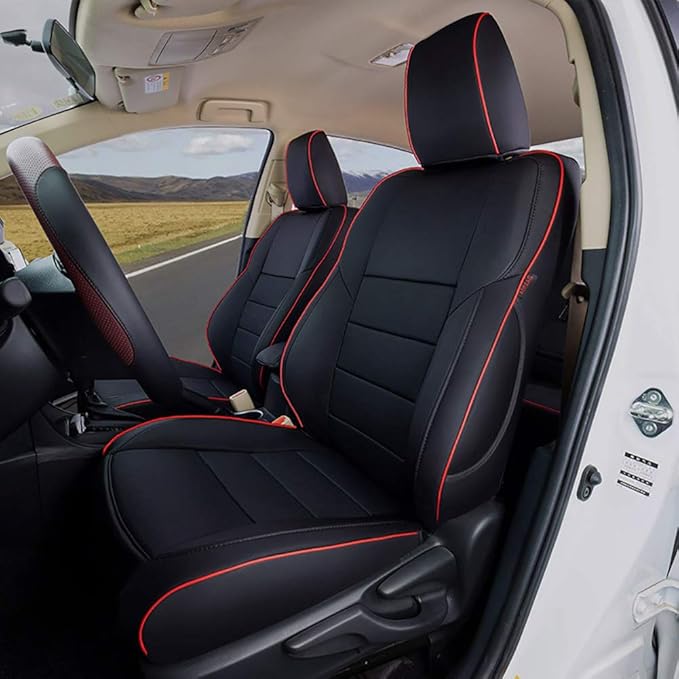 EKR Rav4 Seat Covers Custom Fit for Toyota Rav4 XLE,Platinum,Limited 2013-2018 & SE 2016-2018, Leather Car Seat Cover Full Set for SUV,Faux Leather(Black with Red Trim)