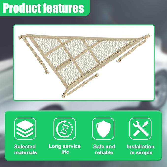Double-Layer Car Ceiling Cargo Net, 31.49" x 20.86" Auto Roof Mesh Storage Pocket with Adjustable Buckle, 3 & 4-Handle Vehicle Interior Organizer Bag for Road Trips and Camping (Beige)