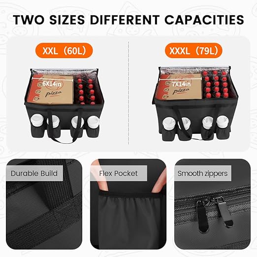 CIVJET Insulated Food Delivery Bag with 4 Cup Holder and Bottom Support, XXX-Large Insulated Grocery Bags Keep Food Hot/Cold, Cooler Bags with Drink Carrier, Food Carrier Catering Bag for Events,Black