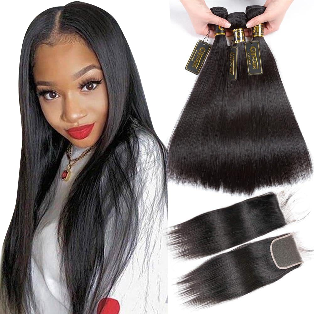 Qthair 14A Grade Brazilian Straight Human Hair Bundles With Closure(14'' 14'' 16''+12''Free Part Lace Closure,Natural Black) 100