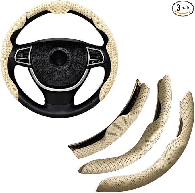 Car Steering Wheel Cover, Nappa Leather 15 Inch Snap-On 3PCS Set Vehicle Steer Wheel Wrap Protector, Non-Slip Automotive Interior Protection Accessories, Universal Fit (Beige)