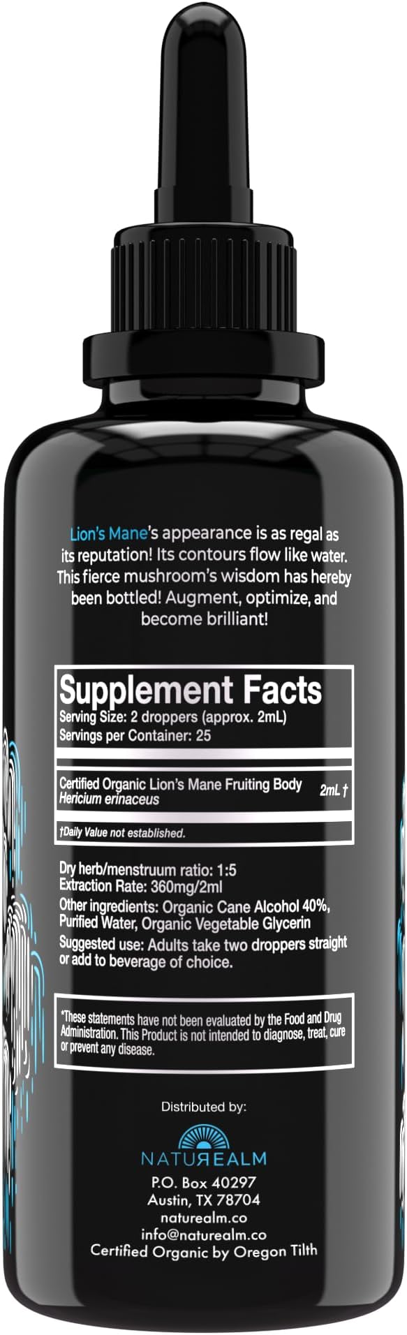 Naturealm Lion’s Mane Mushroom Liquid Tincture Supplement – Focus, Memory & Brain Health, Vegan, Non-GMO – Organic Fruiting Bodies, 1 Month Supply