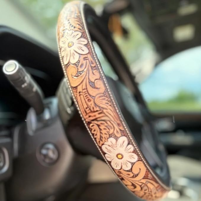 Western Steering Wheel Cover,Retro Western Cowboy Car Universal Steering Wheel Cover,Embossed Hand-Painted Leather Western Car Accessories, for Women Man, Anti-Slip Design Easy to Install (D)