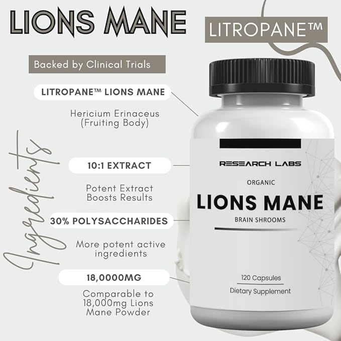 Research Labs Organic Lions Mane Supplement Capsules, 120 Capsules w/Patent Litropane™, Immune System Booster & Nootropic Brain Support Mushroom Supplement. 10X Extract comparable to 18,000mg