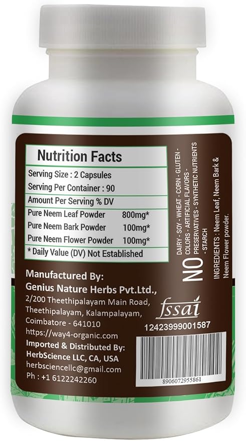 Neem Triple Complex - High-Potency Azadirachta Indica Capsules, Neem Leaves, Bark, Flowers in Ratio (80:10:10) - 180 Capsules, 90 Serving, 1000 Mg per Serving. Pack of 1.