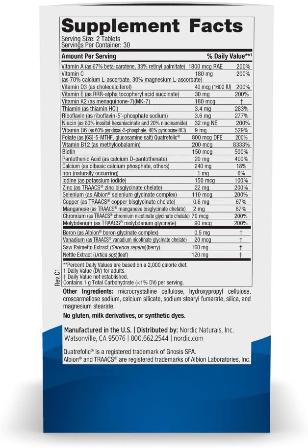 Nordic Naturals Men’s Multivitamin Extra Strength - Bone, Energy, & Blood-Vessel Support - Immunity Supplement - 20 Essential Nutrients - 60 Tablets - 30 Servings