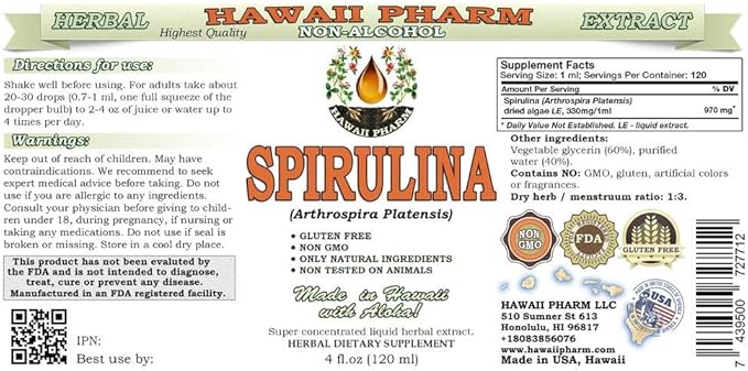 Spirulina Alcohol-Free Liquid Extract, Organic Spirulina (Arthrospira platensis) Dried Algae Glycerite Natural Herbal Supplement, Hawaii Pharm, USA 4x4 fl.oz