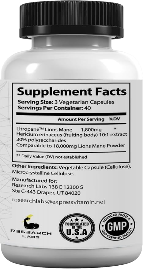 Research Labs Organic Lions Mane Supplement Capsules, 2 Fer 1 Ad - 240 Capsules w/Patent Litropane™ Immune System Booster Nootropic Brain Support Mushroom Supplement. 10X Extract comparable 18000mg