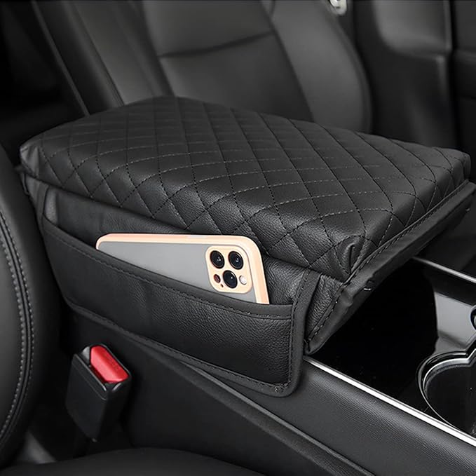 zipelo Car Armrest Cushion, Carbon Fiber Leather Auto Center Console Pad, Memory Foam Armrest Box with Storage Bag, Hand Rest Pillow with Organizer Pockets, Universal Fit for Most Vehicles (Pink)