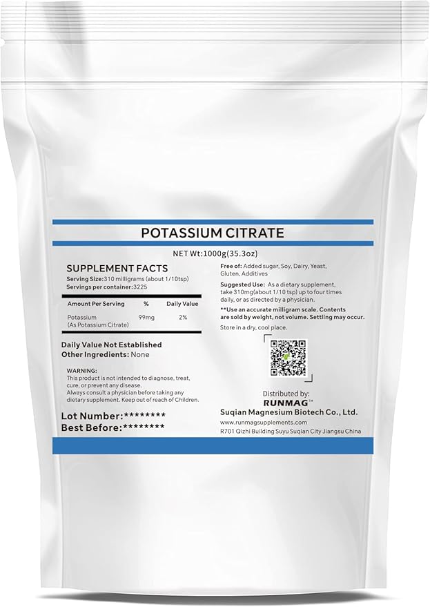 Natural Organic Potassium Citrate Powder 1000g, Potassium Supplement Balance Electrolyte and pH, Providing Essential Mineral, Non-GMO, Vegan