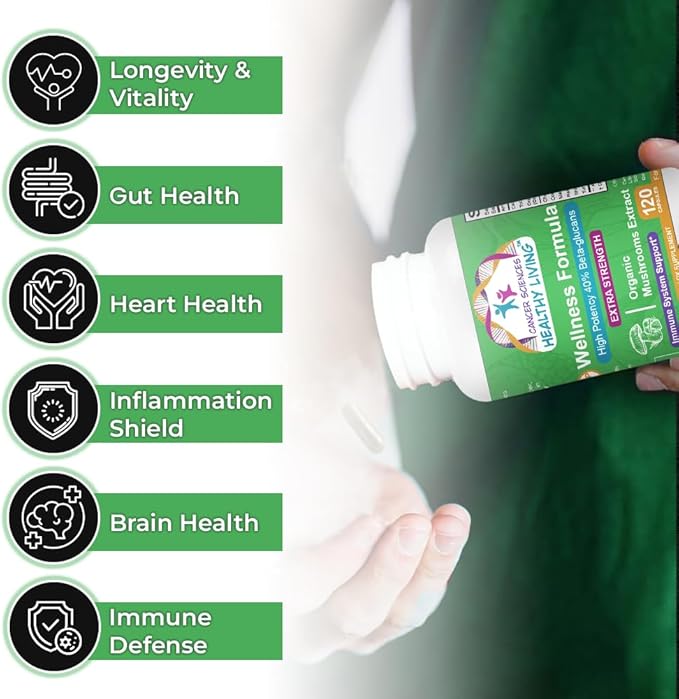 Cancer Sciences Wellness Supplement, USDA Certified Organic Mushrooms Extract, Extra Strength 1,500 mg, High Potency 40% Beta-Glucans, Wellness Formula Capsules for Immune Support, 120 Capsules