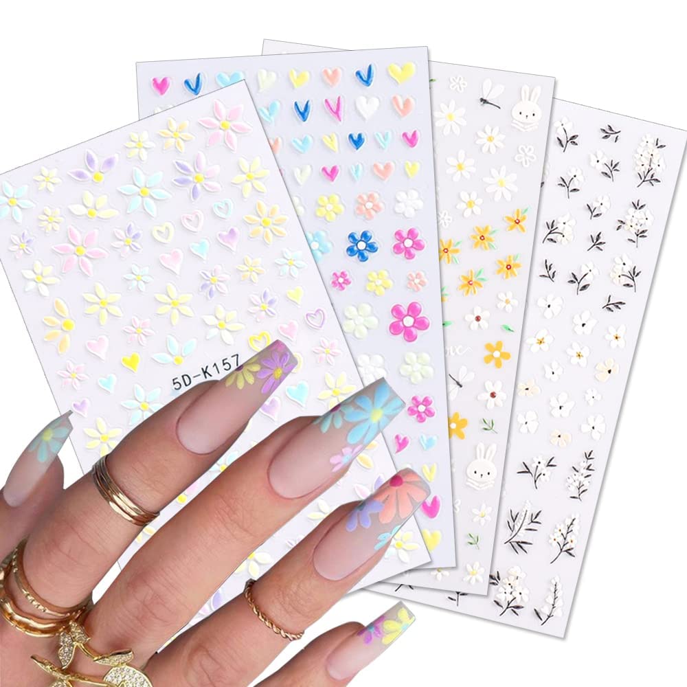 Zeyer Flower Nail Art Sticker Decals Spring Summer 5D Hollow Exquisite Nail Art Supplies White Yellow Colorful Flower Nail Stick