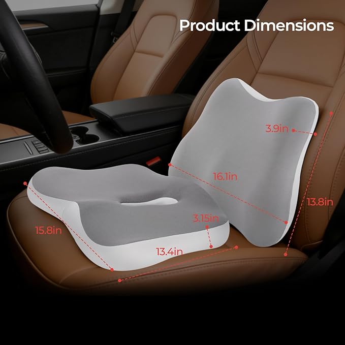 Car Seat Cushion & Lumbar Support Set, Memory Foam Seat Cushion for Long Sitting & Driving, Ideal for Truck Bus Van Drivers, Office Chair Cushion Set (Gray) (White)