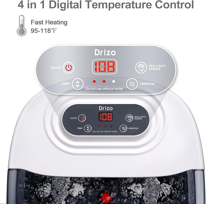 drizo Foot Spa Bath Massager with Heat, Vibration, Temp Control, Bubbles, Epsom Salt and Red Light,Foot Soaker with 22 Massage Rollers, Bath Massager for Relax,Gray