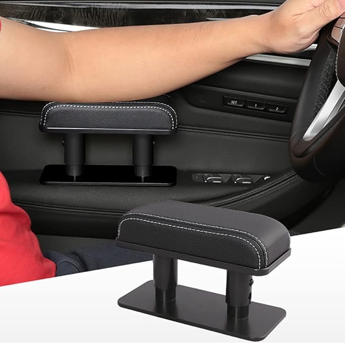 Car Driver Arm Pad Cushion, Car Center Console Elbow Cushion Pad Car Door Armrest Rest Pad Adjustable Height Comfort Universal Fit for Most Car, Black With White Stitches