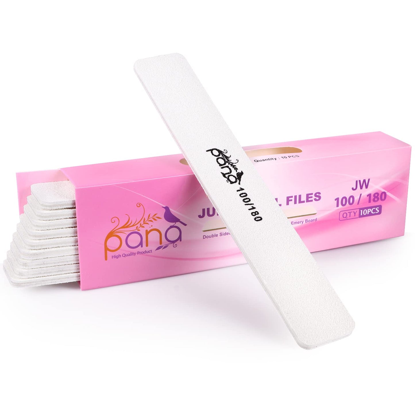 10Pcs Jumbo Size Pana Professional Double Sided Nail Files - White, 100/180 Grit - Emery Board Nail Buffering File Manicure Pedi