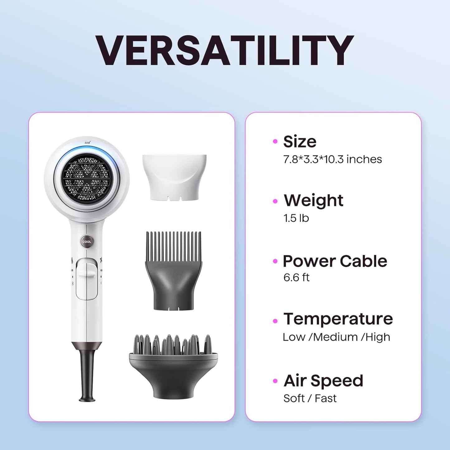 Wavytalk 1875W Ionic Hair Dryer | Diffuser & Comb for Curly Hair | Black