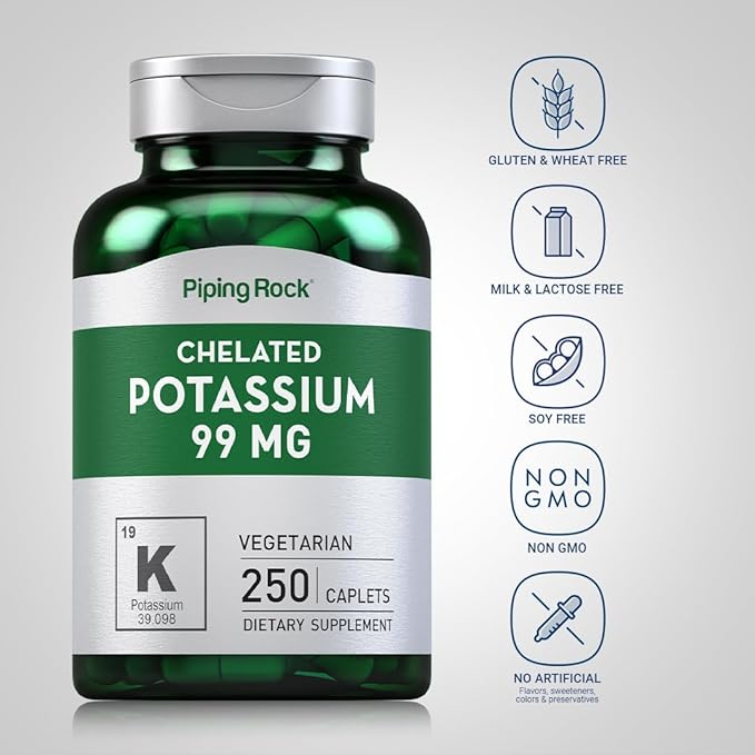 Piping Rock Chelated Potassium Supplement 99 mg | 250 Caplets | Potassium Gluconate | Vegetarian, Non-GMO, Gluten Free
