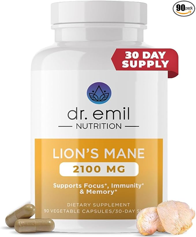 DR. EMIL NUTRITION 2100mg Organic Lions Mane Supplement Capsules - Focus, Mental Clarity & Cognition - Nootropic Lion's Mane Mushroom Supplement with Organic Lions Mane