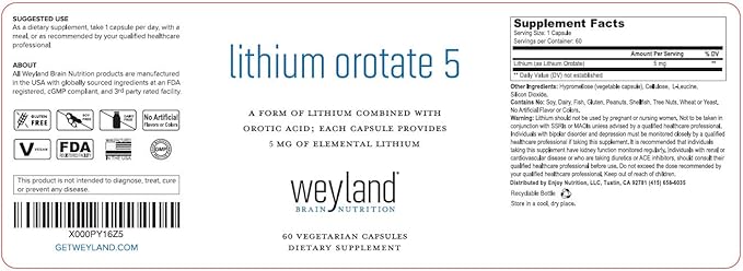 Lithium Orotate 5mg (3 Bottles), 180 Vegetarian Capsules, Lithium Supplement Supports Healthy Mood, Behavior, Memory and Wellness