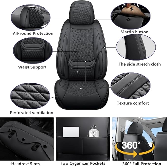 Car Seat Covers Full Set Custom Fit for Saturn Aura 2006-2009 - Premium Faux Leather with Lumbar Support | Breathable, Waterproof, Anti-Slip, Durable (Black,Full Set)