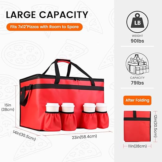 CIVJET Insulated Food Delivery Bag with 4 Cup Holders and Bottom Support, XXX-Large Insulated Grocery Bags Keep Food Hot/Cold, Cooler Bags with Drink Carrier, Food Carrier Catering Bag for Events, Red