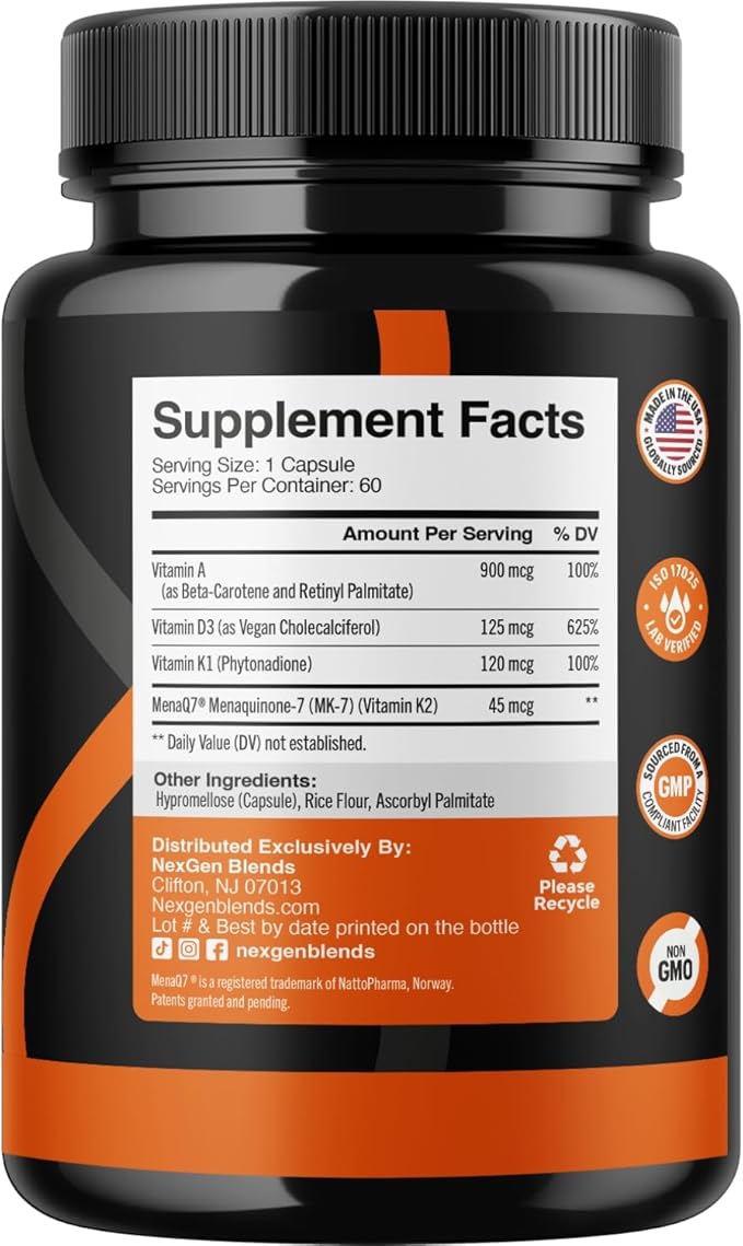 High Absorption ADK Vitamin Supplement - Vegan Vitamin D3 K2 MK7 & A for Calcium Regulation plus Bone Heart Thyroid & Immune Support - Vitamin ADK with 5000IU D3 Non GMO & Gluten Free (2 Months)